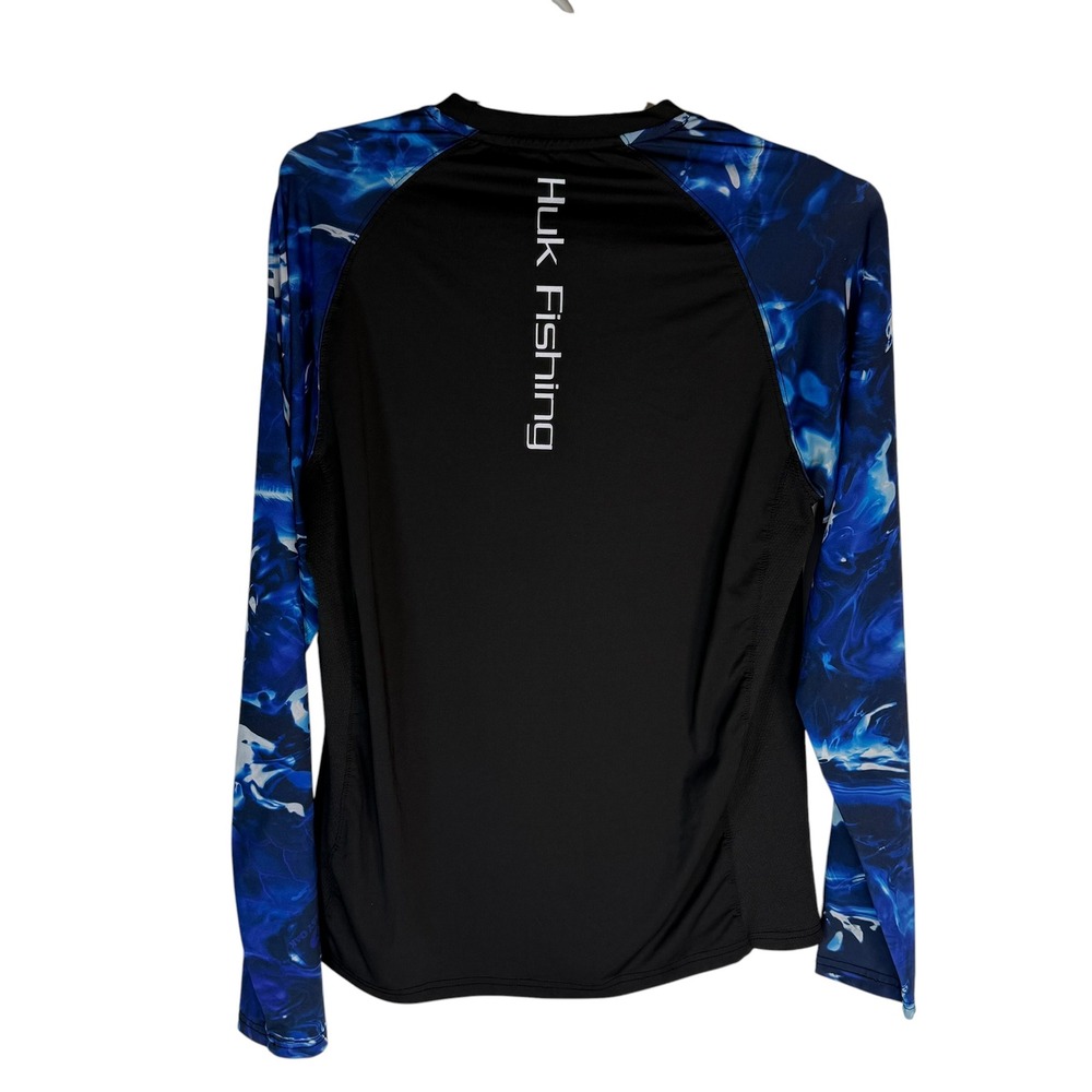 Huk Performance Fishing Shirt Mens Small Black Blue Camo Raglan Long Sleeve Mesh - Picture 4 of 6